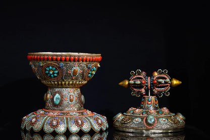16"Tibetan Temple Collection Old Tibetan silver Mosaic Gem gZi Beads Dorje Vajra Phurpa Treasure pot Buddha jar Dharma Amulet