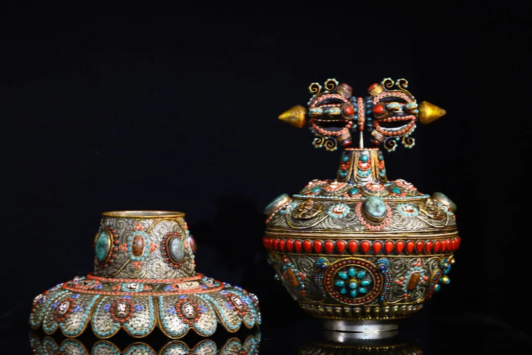16"Tibetan Temple Collection Old Tibetan silver Mosaic Gem gZi Beads Dorje Vajra Phurpa Treasure pot Buddha jar Dharma Amulet