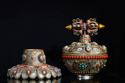 16"Tibetan Temple Collection Old Tibetan silver Mosaic Gem gZi Beads Dorje Vajra Phurpa Treasure pot Buddha jar Dharma Amulet
