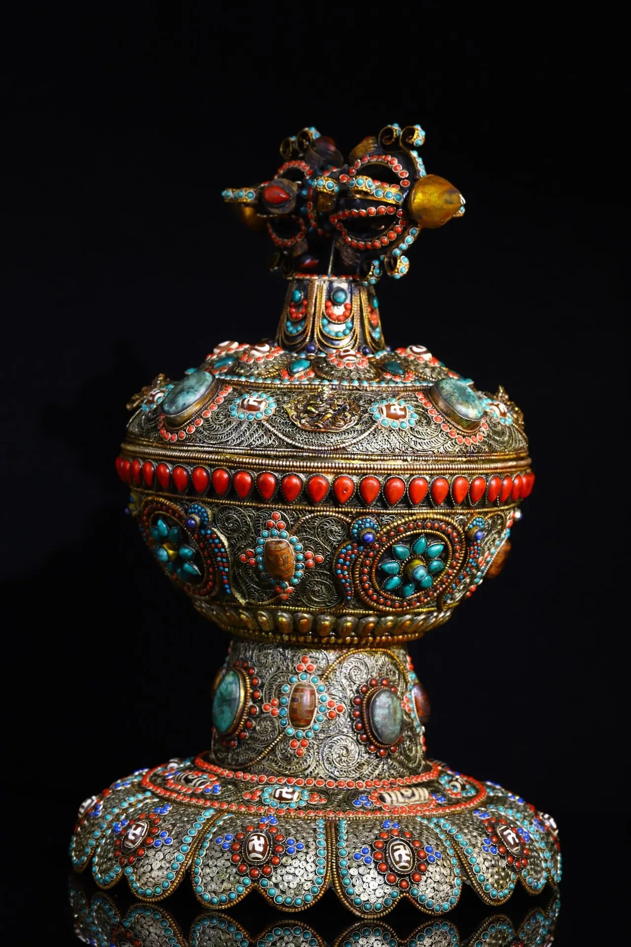 16"Tibetan Temple Collection Old Tibetan silver Mosaic Gem gZi Beads Dorje Vajra Phurpa Treasure pot Buddha jar Dharma Amulet