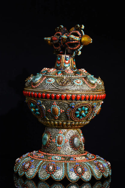 16"Tibetan Temple Collection Old Tibetan silver Mosaic Gem gZi Beads Dorje Vajra Phurpa Treasure pot Buddha jar Dharma Amulet