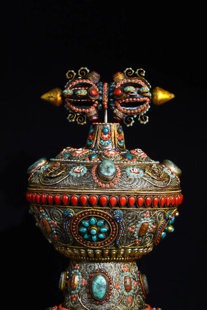 16"Tibetan Temple Collection Old Tibetan silver Mosaic Gem gZi Beads Dorje Vajra Phurpa Treasure pot Buddha jar Dharma Amulet