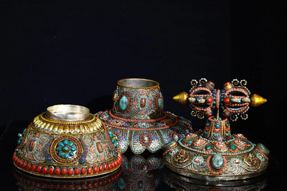 16"Tibetan Temple Collection Old Tibetan silver Mosaic Gem gZi Beads Dorje Vajra Phurpa Treasure pot Buddha jar Dharma Amulet