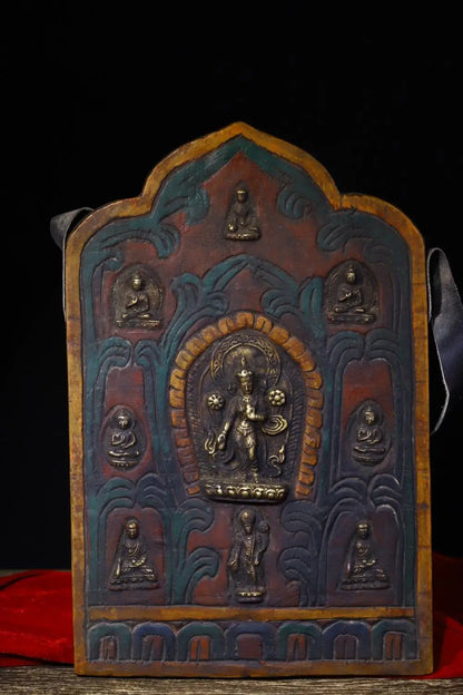 16"Tibetan Temple CollectionOld Bodhi Root Painted mosaic Bronze Guanyin Bodhisattva Sakyamuni Amitabha Amulet Tag Thangka