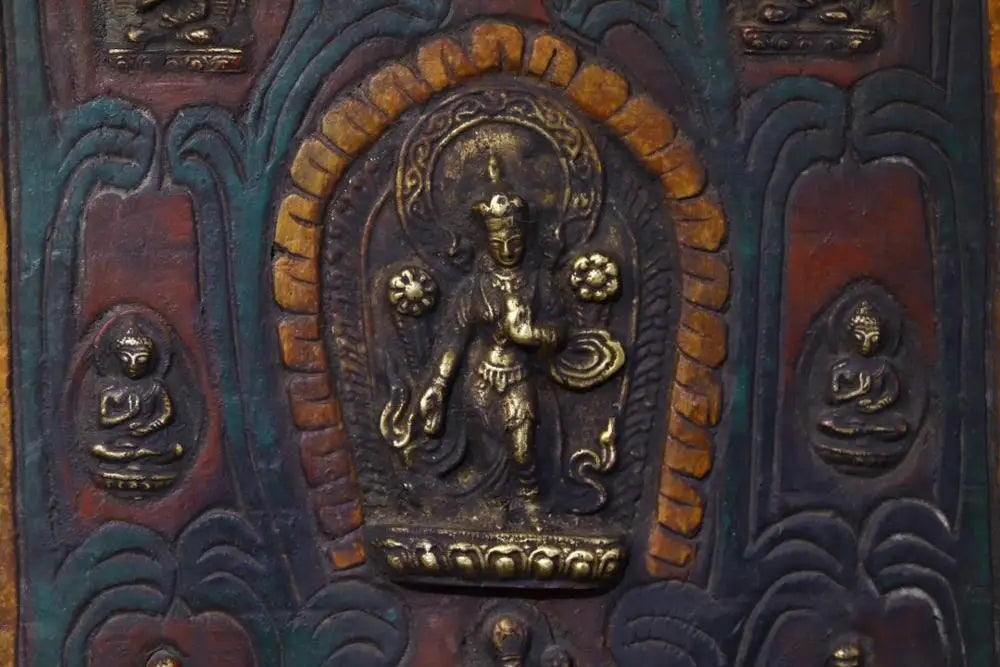 16"Tibetan Temple CollectionOld Bodhi Root Painted mosaic Bronze Guanyin Bodhisattva Sakyamuni Amitabha Amulet Tag Thangka