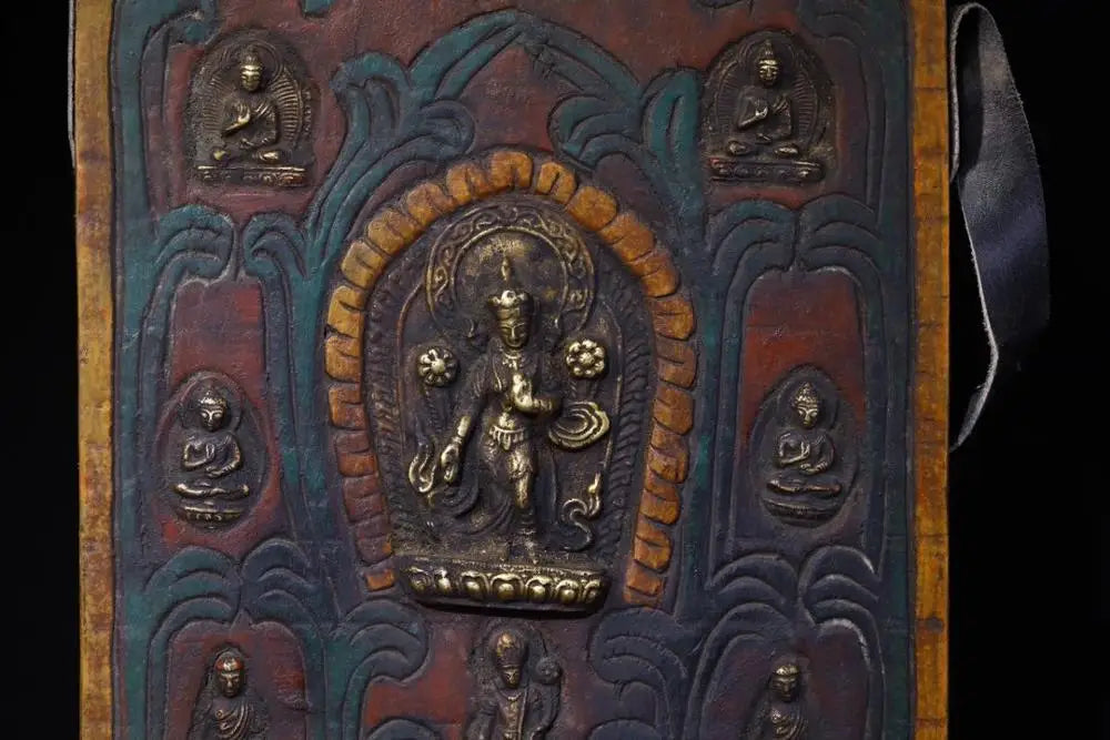 16"Tibetan Temple CollectionOld Bodhi Root Painted mosaic Bronze Guanyin Bodhisattva Sakyamuni Amitabha Amulet Tag Thangka