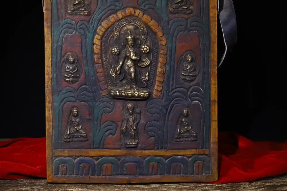 16"Tibetan Temple CollectionOld Bodhi Root Painted mosaic Bronze Guanyin Bodhisattva Sakyamuni Amitabha Amulet Tag Thangka