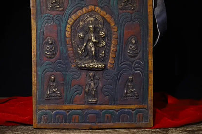 16"Tibetan Temple CollectionOld Bodhi Root Painted mosaic Bronze Guanyin Bodhisattva Sakyamuni Amitabha Amulet Tag Thangka