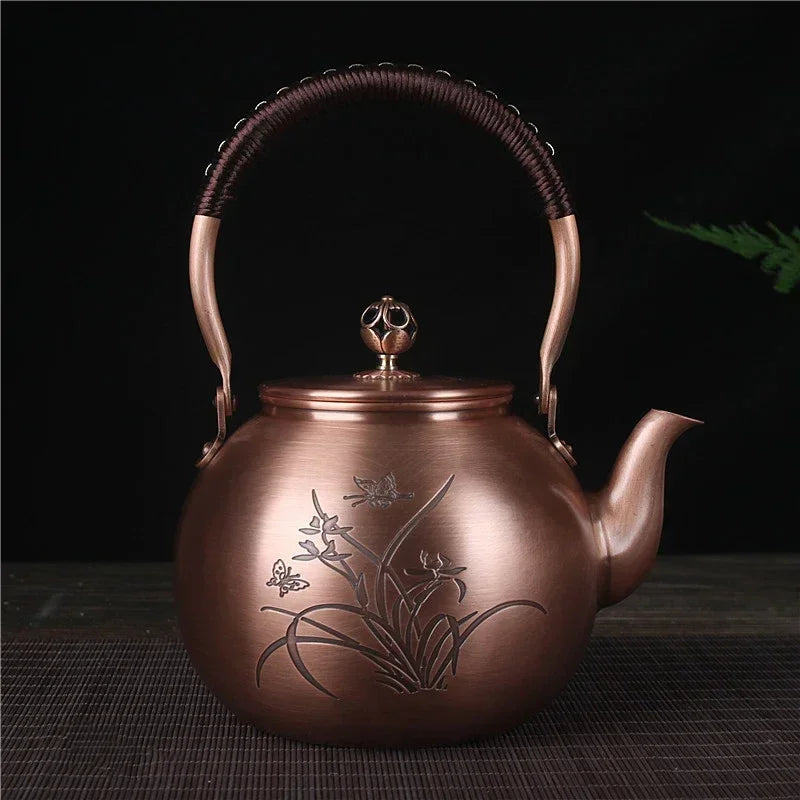 1600ML Antique Pure Copper Teapot Health Boiling Water Pot Handmade Carved Pot Red Copper Tea Set