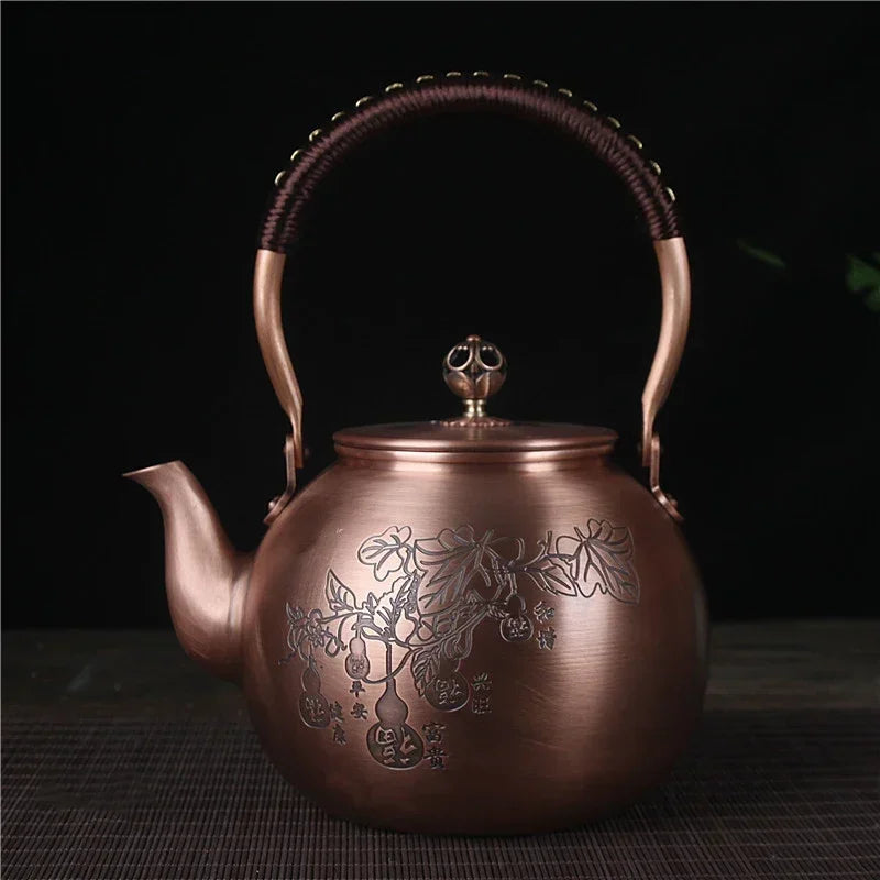 1600ML Antique Pure Copper Teapot Health Boiling Water Pot Handmade Carved Pot Red Copper Tea Set