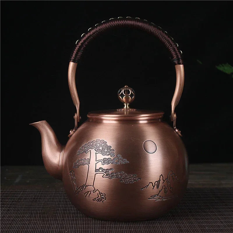 1600ML Antique Pure Copper Teapot Health Boiling Water Pot Handmade Carved Pot Red Copper Tea Set