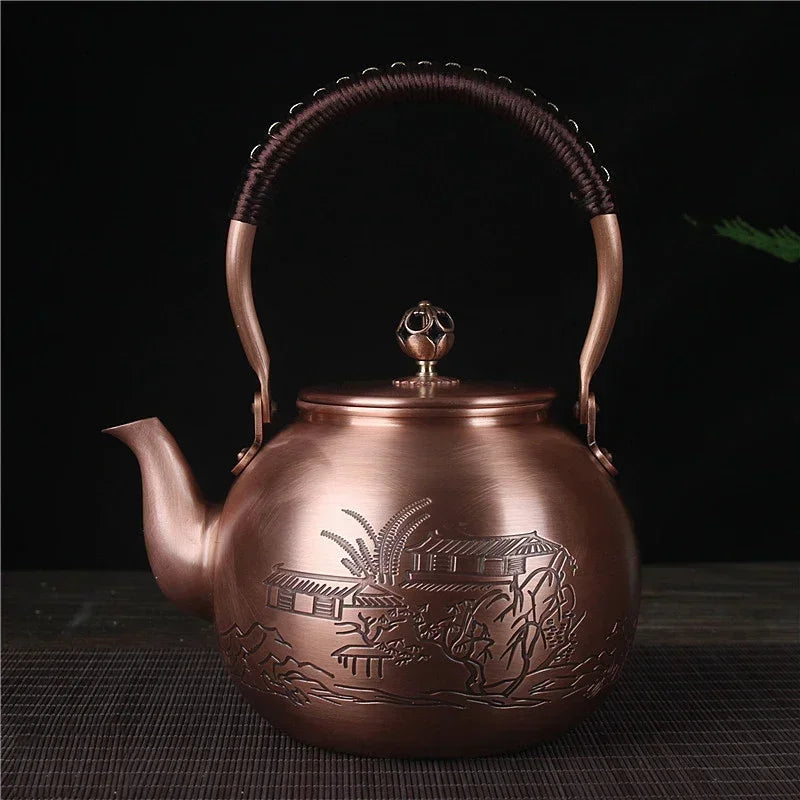 1600ML Antique Pure Copper Teapot Health Boiling Water Pot Handmade Carved Pot Red Copper Tea Set