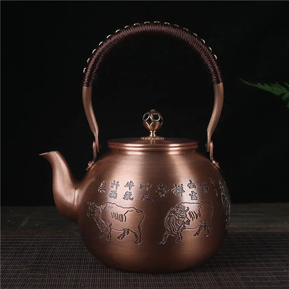 1600ML Antique Pure Copper Teapot Health Boiling Water Pot Handmade Carved Pot Red Copper Tea Set