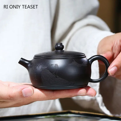 160ml Chinese Yixing Purple Clay Teapots Ball Hole Filter Famous Artists Handmade Tea Pot Raw Ore Black Mud Kettle Zisha Tea Set