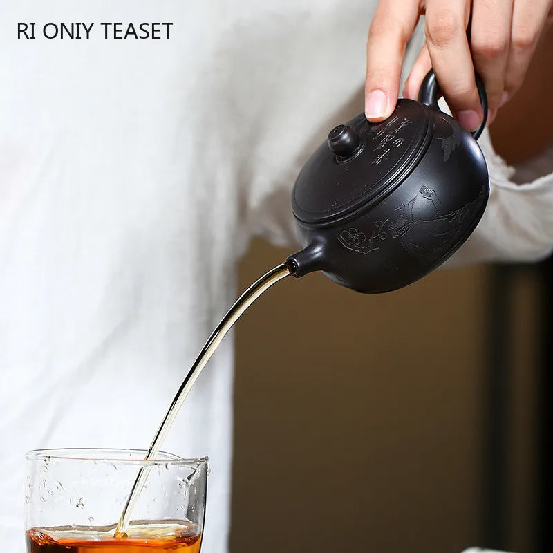 160ml Chinese Yixing Purple Clay Teapots Ball Hole Filter Famous Artists Handmade Tea Pot Raw Ore Black Mud Kettle Zisha Tea Set