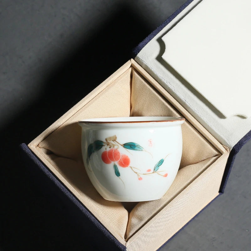 160ml Hand-painted Lychee Teacup Japanese Set of Cups White Porcelain Fragrance Cup Master Bowl Kung Fu Tea Drinkware Decoration
