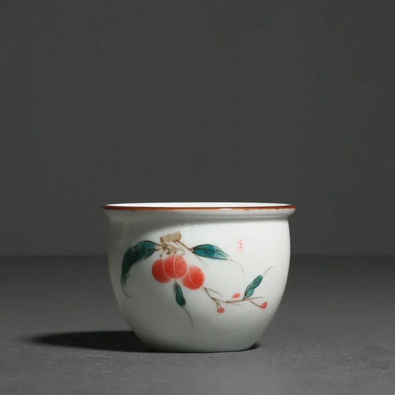 160ml Hand-painted Lychee Teacup Japanese Set of Cups White Porcelain Fragrance Cup Master Bowl Kung Fu Tea Drinkware Decoration