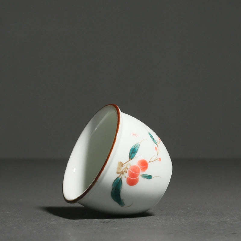 160ml Hand-painted Lychee Teacup Japanese Set of Cups White Porcelain Fragrance Cup Master Bowl Kung Fu Tea Drinkware Decoration