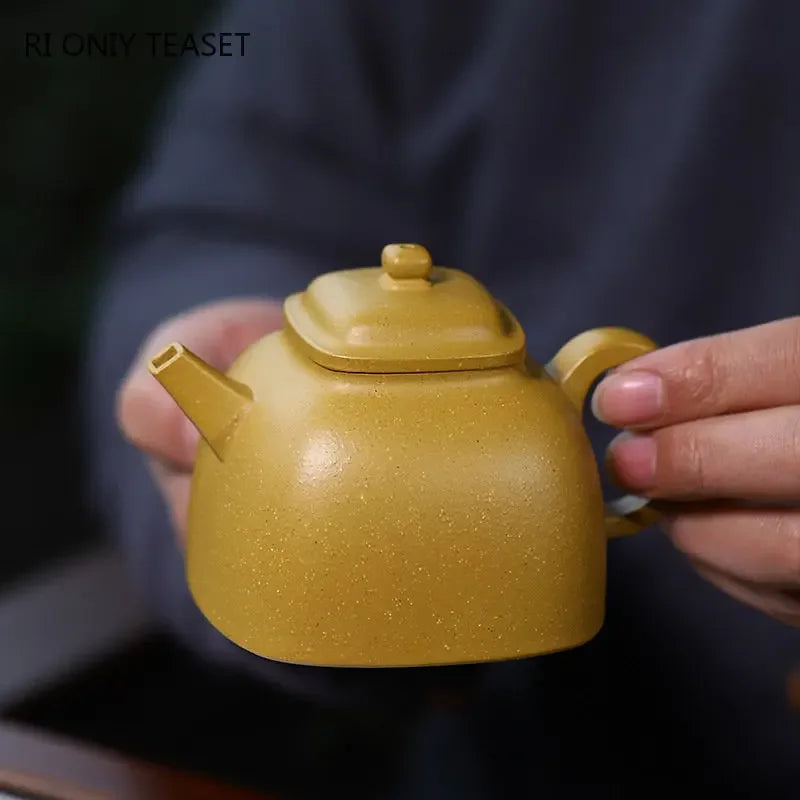 160ml Yixing High-end Purple Clay Teapots Handmade Square Shape Tea Pot Raw Ore Gold Section Mud Kettle Chinese Zisha Tea Set