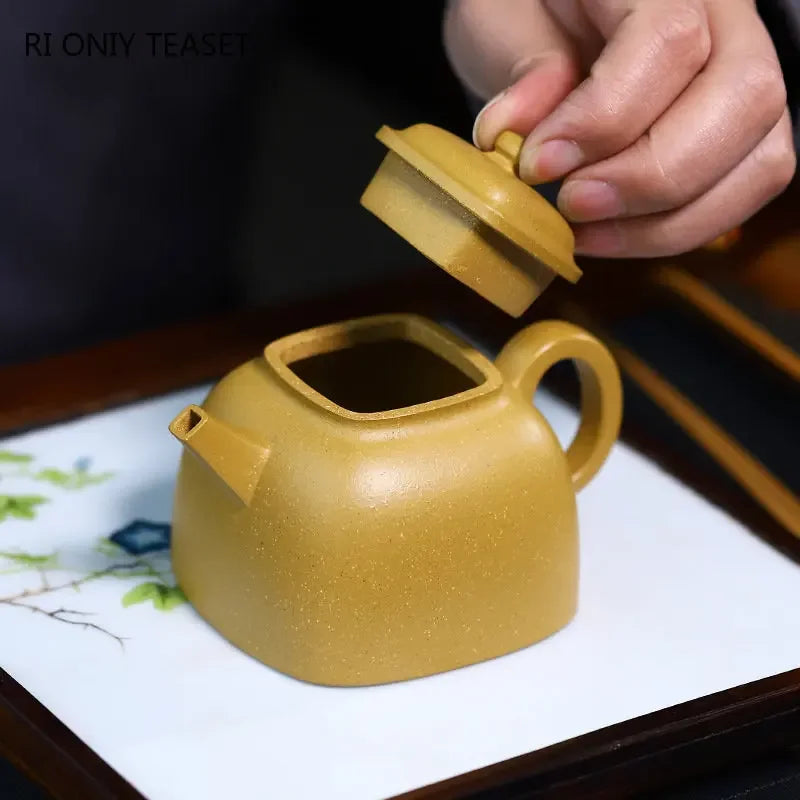 160ml Yixing High-end Purple Clay Teapots Handmade Square Shape Tea Pot Raw Ore Gold Section Mud Kettle Chinese Zisha Tea Set