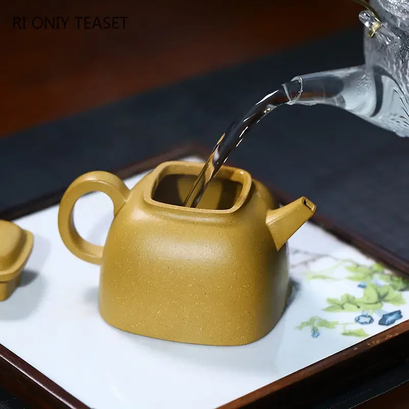 160ml Yixing High-end Purple Clay Teapots Handmade Square Shape Tea Pot Raw Ore Gold Section Mud Kettle Chinese Zisha Tea Set