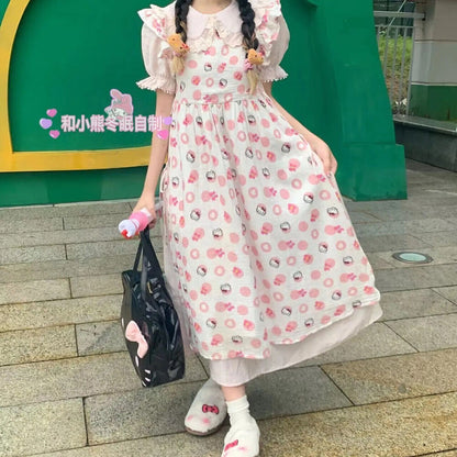 Japanese women's cute pink hello kitty printed dress + lining skirt suit sweet
