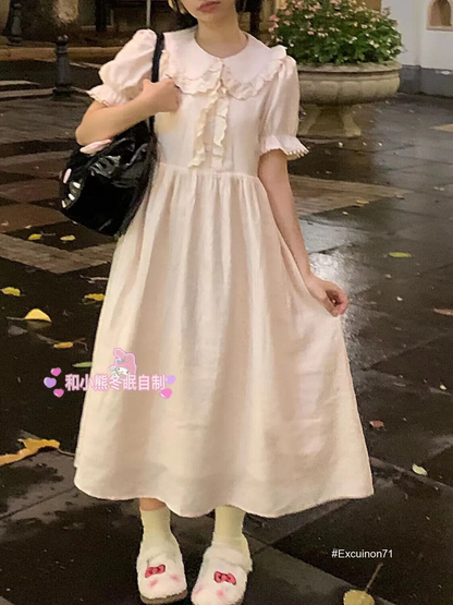 Japanese women's cute pink hello kitty printed dress + lining skirt suit sweet