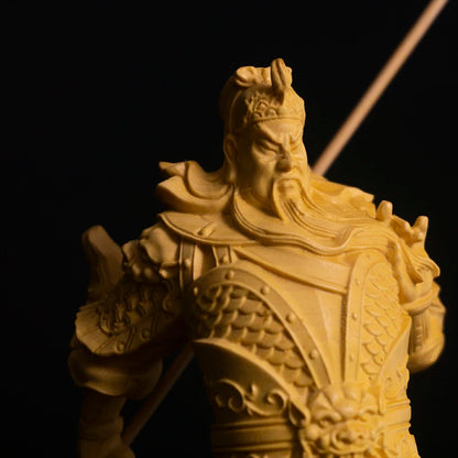 16CM Guan Yu Boxwood Sculpture Feng Shui Real Wood Guan Gong Statue Three Kingdoms Figure Home Decor