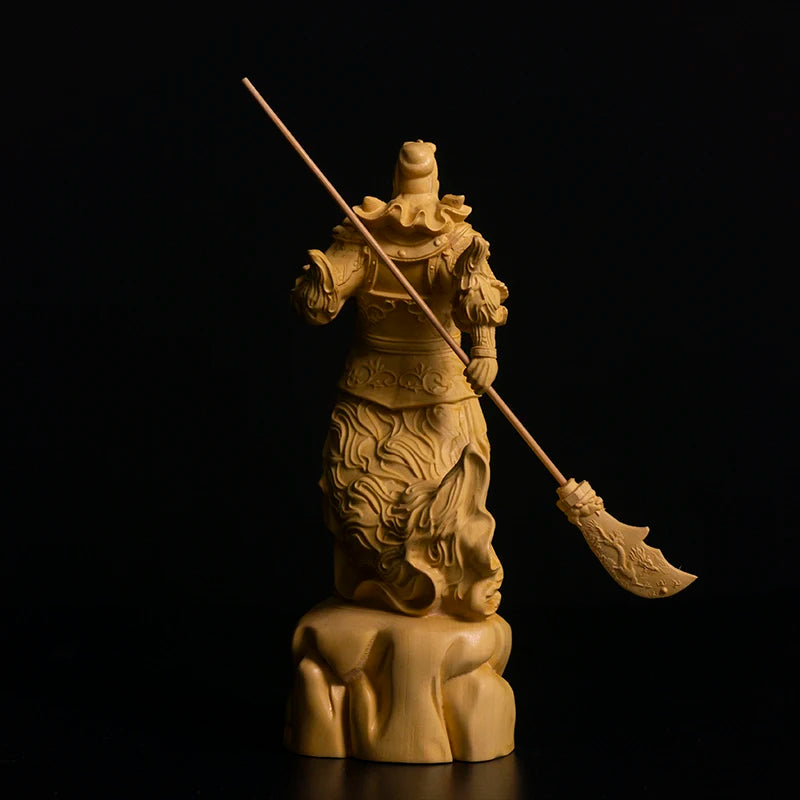 16CM Guan Yu Boxwood Sculpture Feng Shui Real Wood Guan Gong Statue Three Kingdoms Figure Home Decor