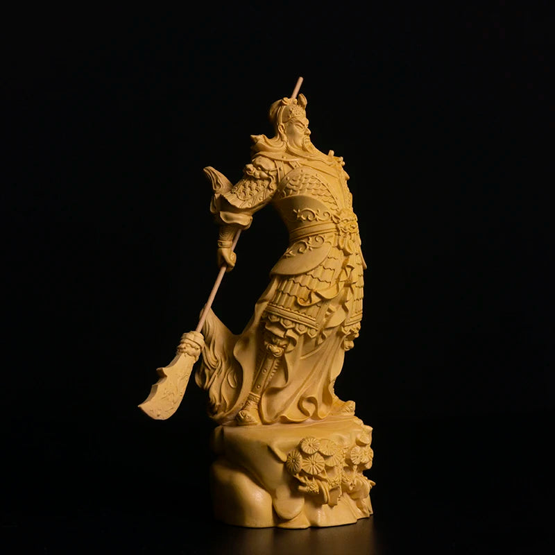 16CM Guan Yu Boxwood Sculpture Feng Shui Real Wood Guan Gong Statue Three Kingdoms Figure Home Decor