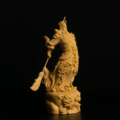 16CM Guan Yu Boxwood Sculpture Feng Shui Real Wood Guan Gong Statue Three Kingdoms Figure Home Decor