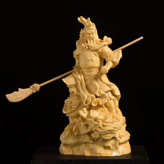 16CM Guan Yu Statue Three Kingdoms Buddha Statue Solid Wood Feng Shui Ornaments Boxwood Carving Bodhisattva Home Decorations