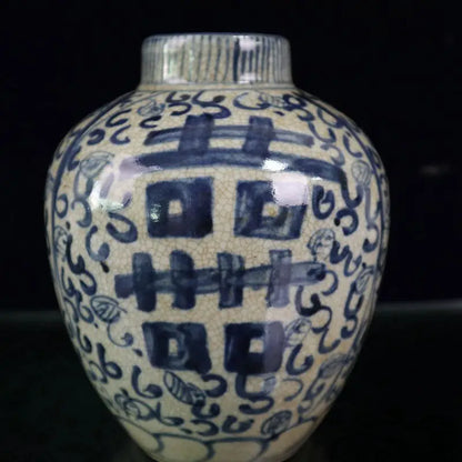 16cm Old Chinese Blue and White Porcelain  Hand Painted Xi Jar Pot