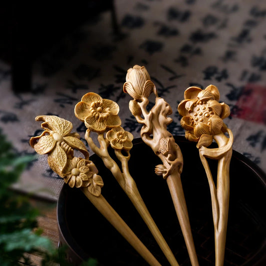 16cm Wood Hair Stick Statue Hairpin Boxwood Chinese Ancient Rhyme Hair Plum Headdress Lucky Chinese Flower Hair Stick