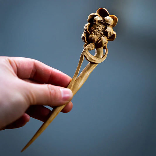 16cm Wood Hair Stick Statue Hairpin Boxwood Chinese Ancient Rhyme Hair Plum Headdress Lucky Chinese Flower Hair Stick