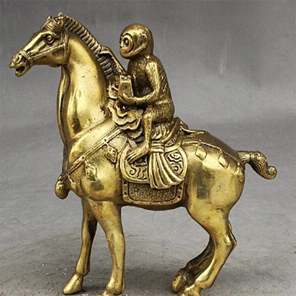 16cm bronze Pure Brass Good value Lucky Folk China Fengshui Brass Monkey Ride Horse Ma Shang Feng Hou Auspicious Statue