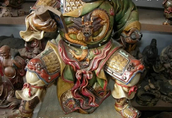 17“ China Pottery wucai porcelain martial dragon Guan Gong Guan Yu Warrior statue