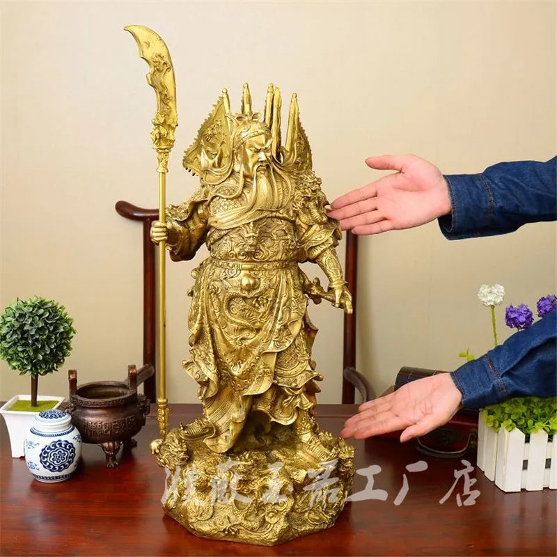 17" Chinese Bronze 9 Dragon Warrir GuanGong  GuanYu Hold Sword Statue