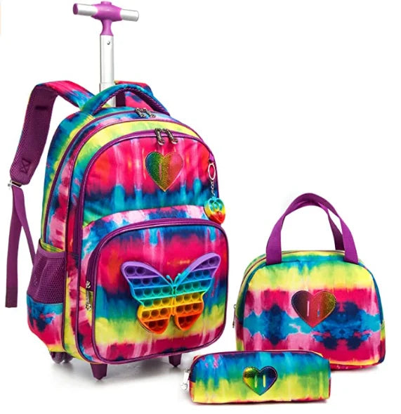 17 Inch school trolley backpack bag School Rolling bag for girls school wheeled backpack lunch bag set schoolbag with wheels