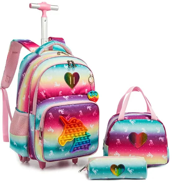 17 Inch school trolley backpack bag School Rolling bag for girls school wheeled backpack lunch bag set schoolbag with wheels