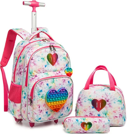 17 Inch school trolley backpack bag School Rolling bag for girls school wheeled backpack lunch bag set schoolbag with wheels