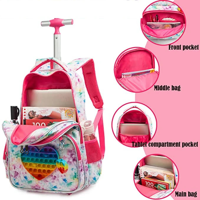 17 Inch school trolley backpack bag School Rolling bag for girls school wheeled backpack lunch bag set schoolbag with wheels