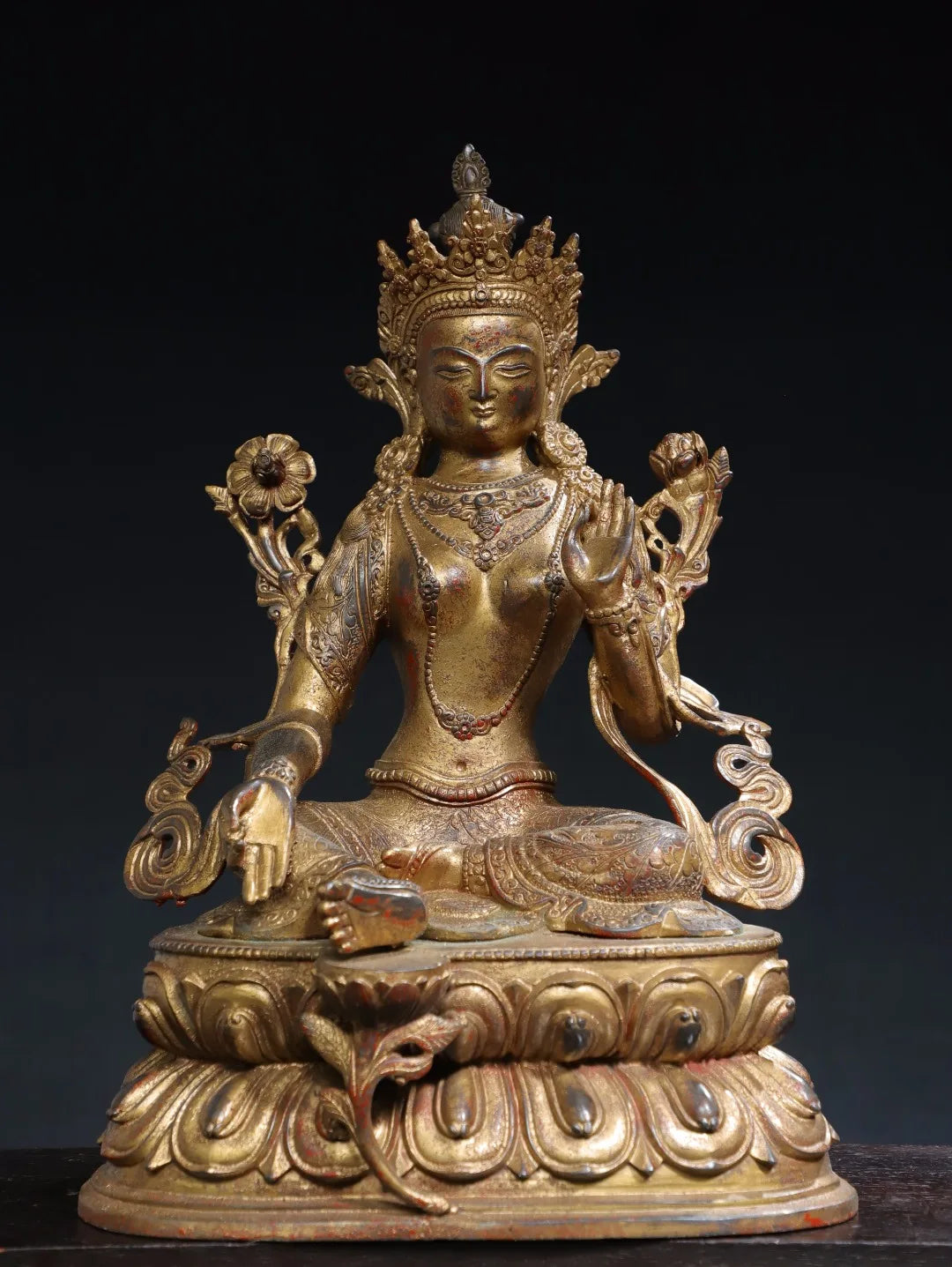 17"Tibet Temple Collection Old Bronze Cinnabar Mud gold Bodhisattva Tara(Green) BuddhaDouble Lotus Platform Worship Hall