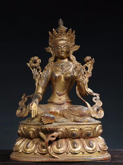 17"Tibet Temple Collection Old Bronze Cinnabar Mud gold Bodhisattva Tara(Green) BuddhaDouble Lotus Platform Worship Hall