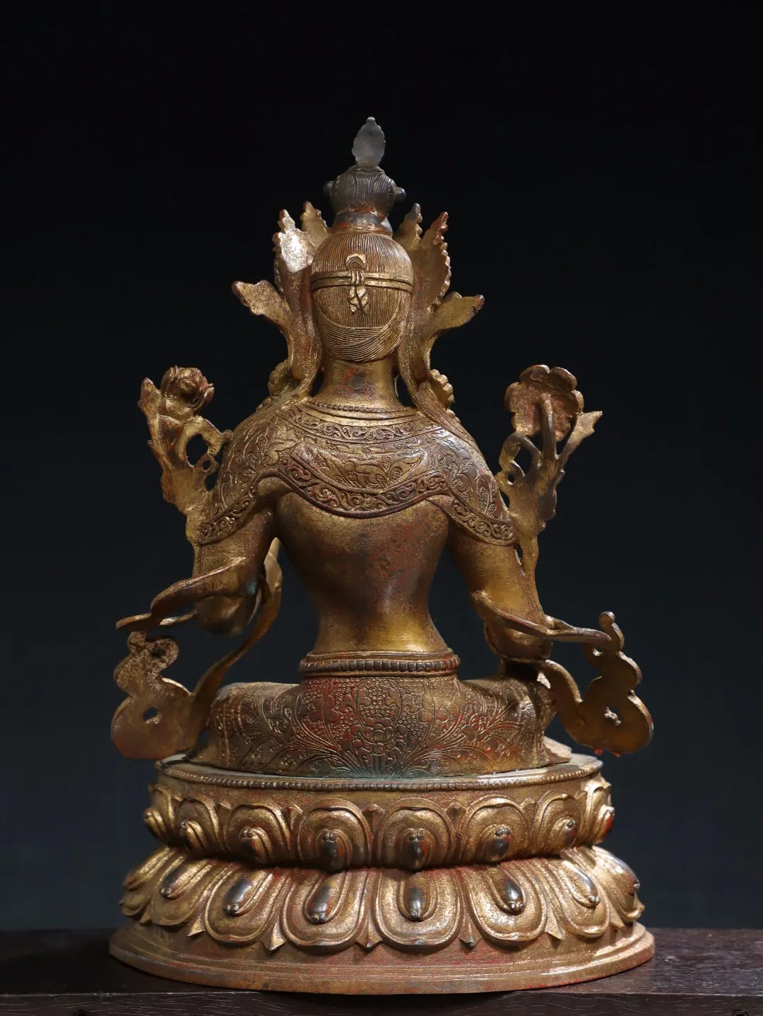 17"Tibet Temple Collection Old Bronze Cinnabar Mud gold Bodhisattva Tara(Green) BuddhaDouble Lotus Platform Worship Hall