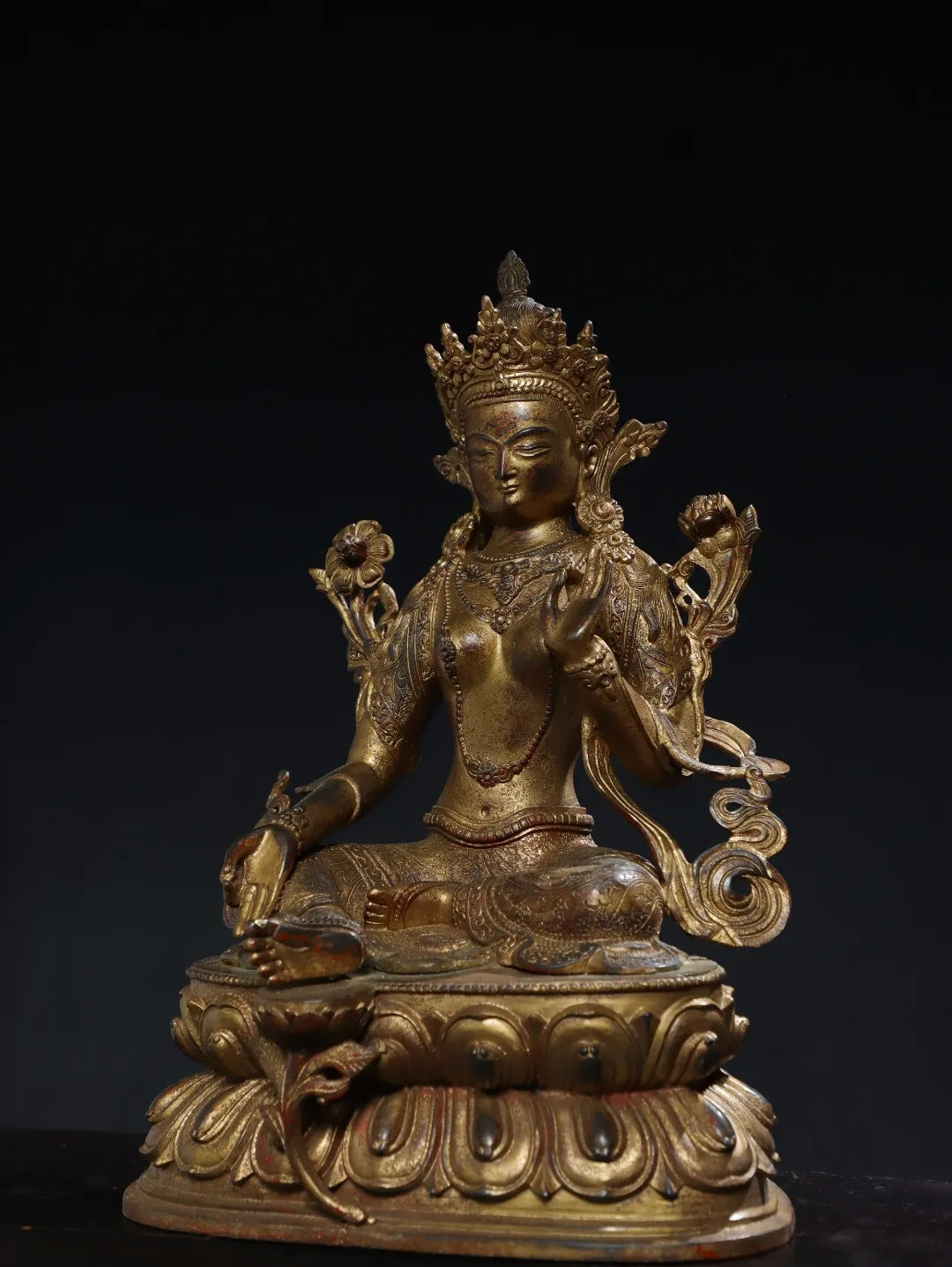 17"Tibet Temple Collection Old Bronze Cinnabar Mud gold Bodhisattva Tara(Green) BuddhaDouble Lotus Platform Worship Hall