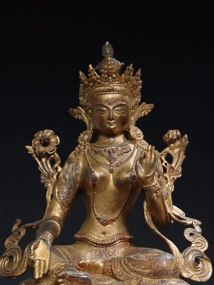 17"Tibet Temple Collection Old Bronze Cinnabar Mud gold Bodhisattva Tara(Green) BuddhaDouble Lotus Platform Worship Hall