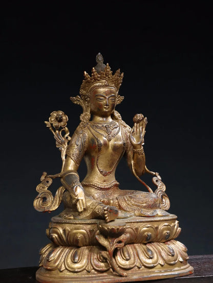 17"Tibet Temple Collection Old Bronze Cinnabar Mud gold Bodhisattva Tara(Green) BuddhaDouble Lotus Platform Worship Hall