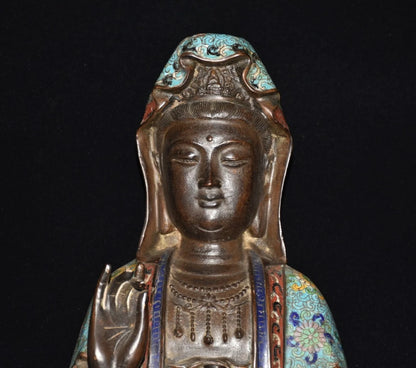17"Tibet Temple Collection Old Bronze Cloisonne Enamel Flower Guanyin Bodhisattva Buddha Lotus stage Worship Hall Town house