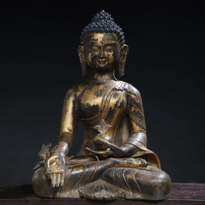 17"Tibet Temple Collection Old Bronze Gilded Cinnabar Mud gold Medicine Buddha Amitabha Sitting Buddha Bhaisajyaguru Town house